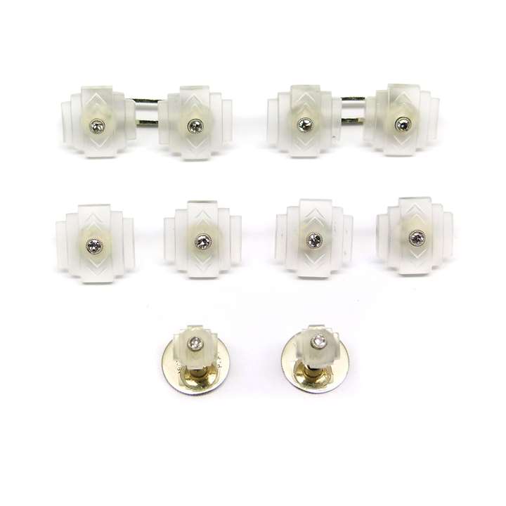 Art Deco rock crystal and diamond gentlemans's dress set, comprising a pair of cufflinks, four buttons and two studs